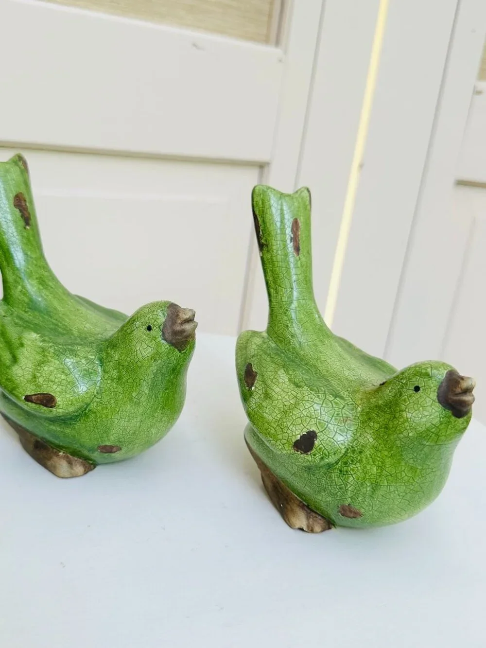 Pier 1 Green Crackle Glaze Bird Figurines Set Cottagecore Farmhouse Decor
